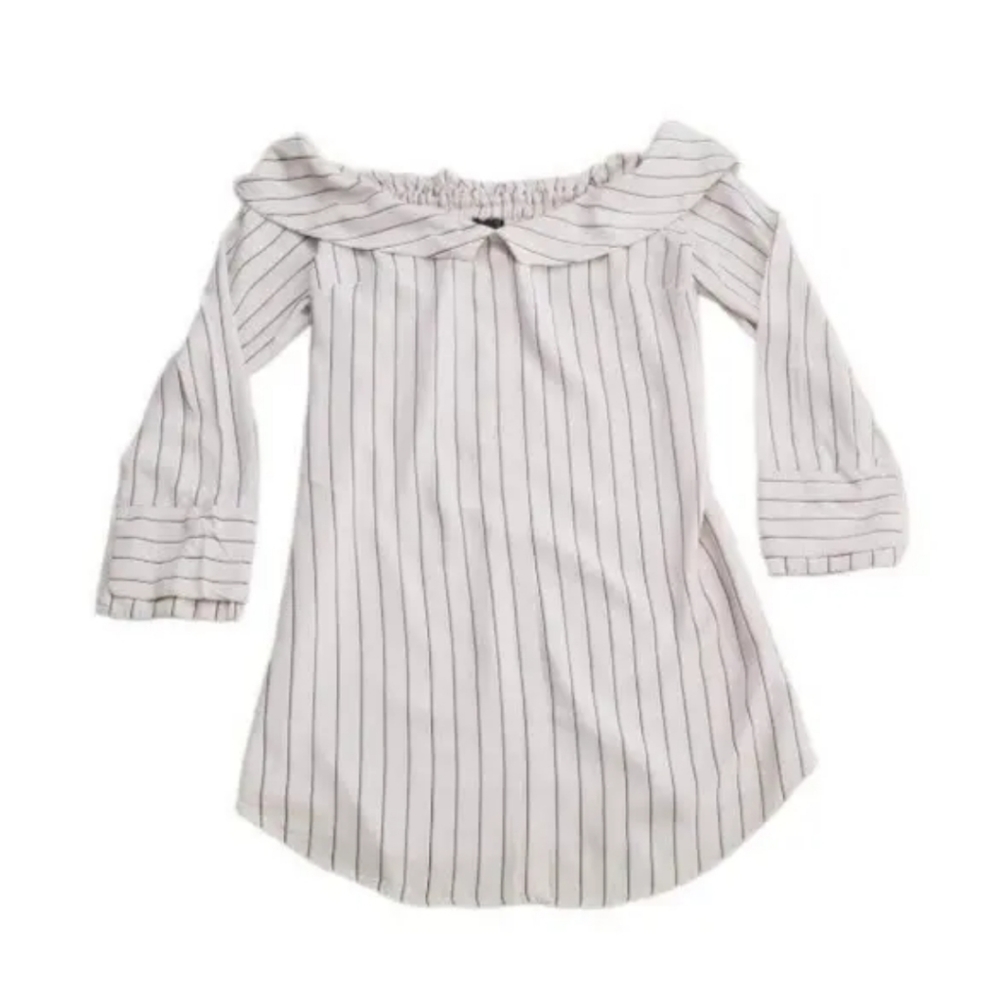 Topshop Women Size 8 Black White Striped Off the Shoulder Ruffle Collared Blouse